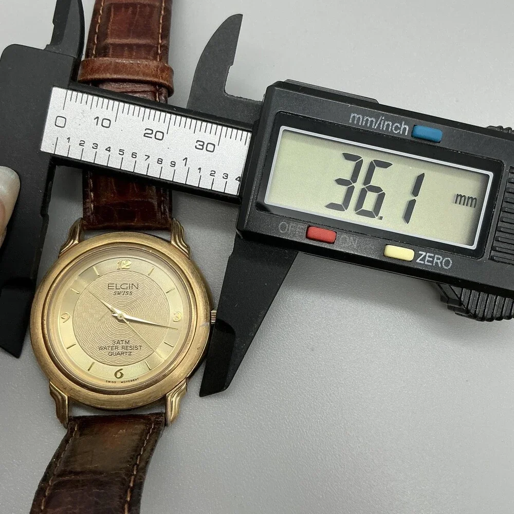 Elgin Swiss Mens Watch 36mm Gold Tone Brown Leather FLS30-040 New Battery